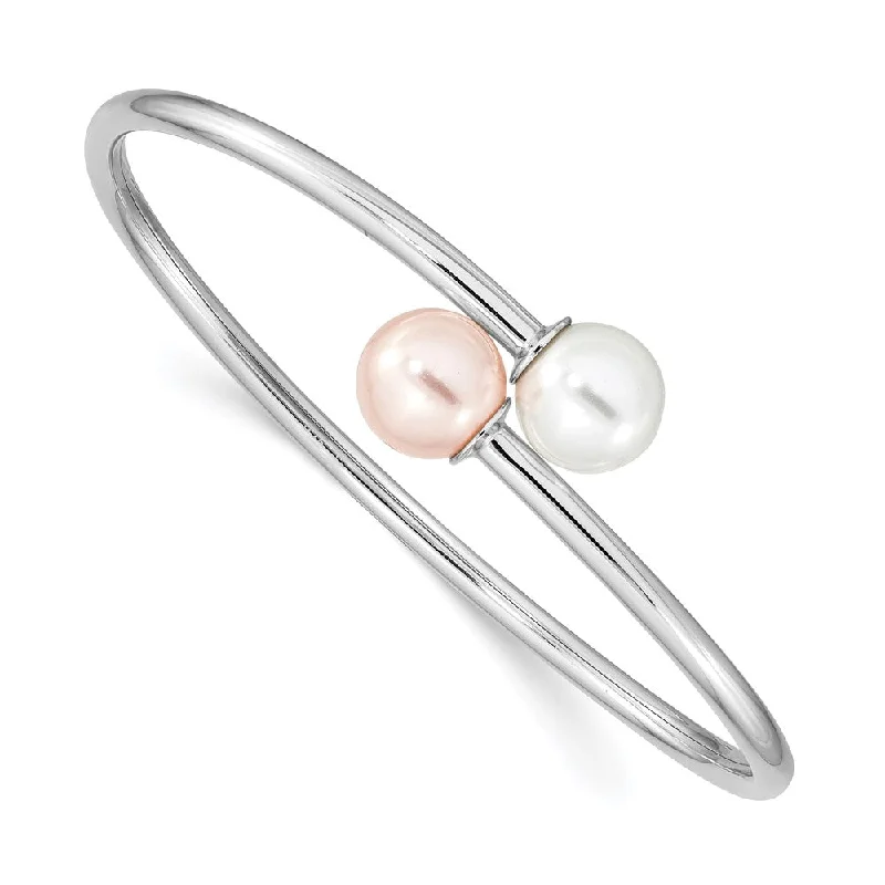 Women’s chic bracelet-Sterling Silver Rhod-plat 10-11mm Wht Pink Imitation Shell Pearl Bangle-WBC-QMJB133WP