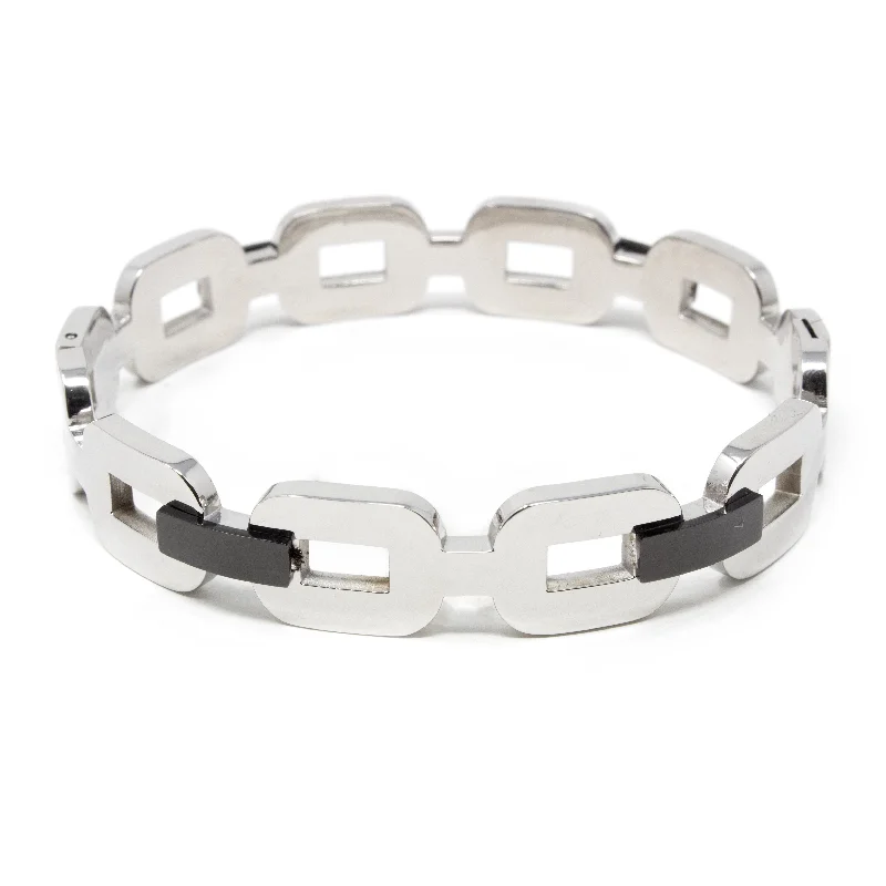 Women’s sterling silver bracelet-Stainless Steel Bangle SQ Links Onyx Rhodium Plated