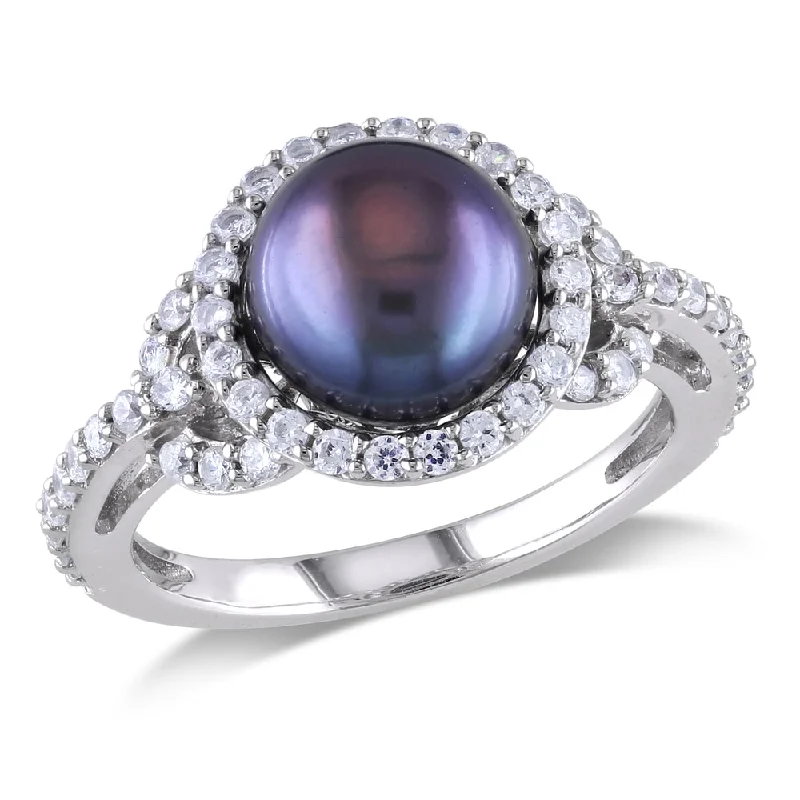 Women’s wedding set ring-Miadora Sterling Silver Cultured Black Pearl and Cubic Zirconia Ring (8.5-9 mm)