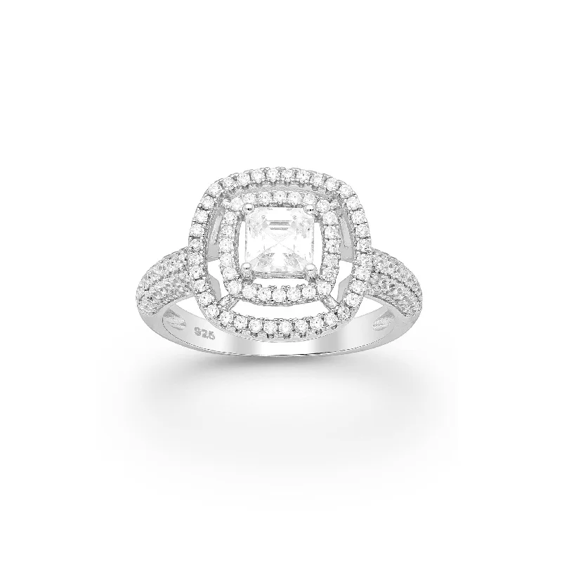 Women’s vintage ring-Sterling Silverand Cubic Zirconia Double- Halo Pave Cushion- Cut Ring