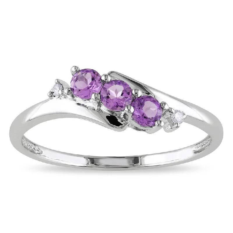 Women’s anniversary band ring-Miadora 10k White Gold Purple Amethyst and Diamond 3-Stone Crossover Ring