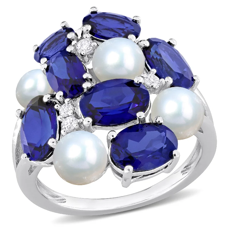 Women’s cocktail ring-Miadora 7ct TGW Created Blue White Sapphire Cultured Freshwater Pearls Ring Sterling Silver