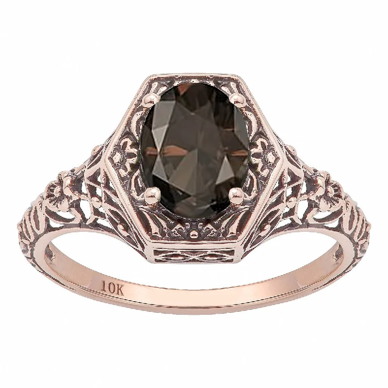 Women’s pearl ring-Viducci 10k Rose Gold Vintage Style Genuine Oval Smoky Quartz Ring