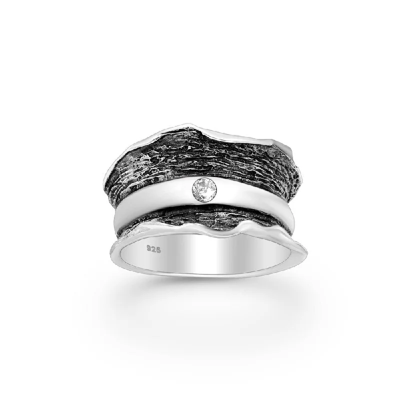 Women’s custom ring-Sterling Silver Nature Inspired Shaped Oxidized Ring with CZ