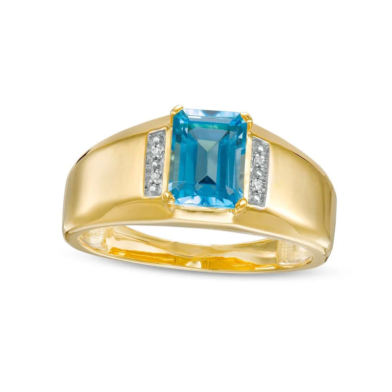 Women’s pear diamond engagement rings-Men's Emerald-Cut Swiss Blue Topaz and Natural Diamond Accent Collar Ring in Solid 10K Yellow Gold