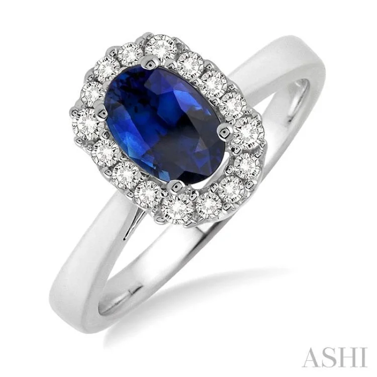 Women’s customized engagement rings-6x4 MM Oval Cut Sapphire and 1/6 Ctw Round Cut Diamond Ring in 14K White Gold