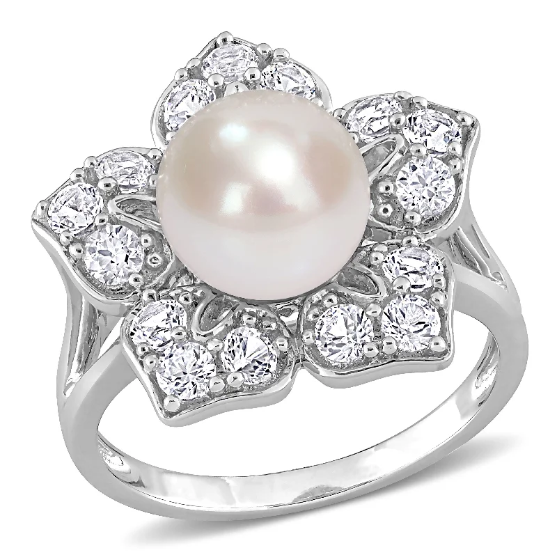 Women’s infinity knot ring-Miadora 8.5-9mm Cultured Freshwater Pearl and 1 1/3ct TGW Created White Sapphire Floral Pearl Ring in Sterling Silver