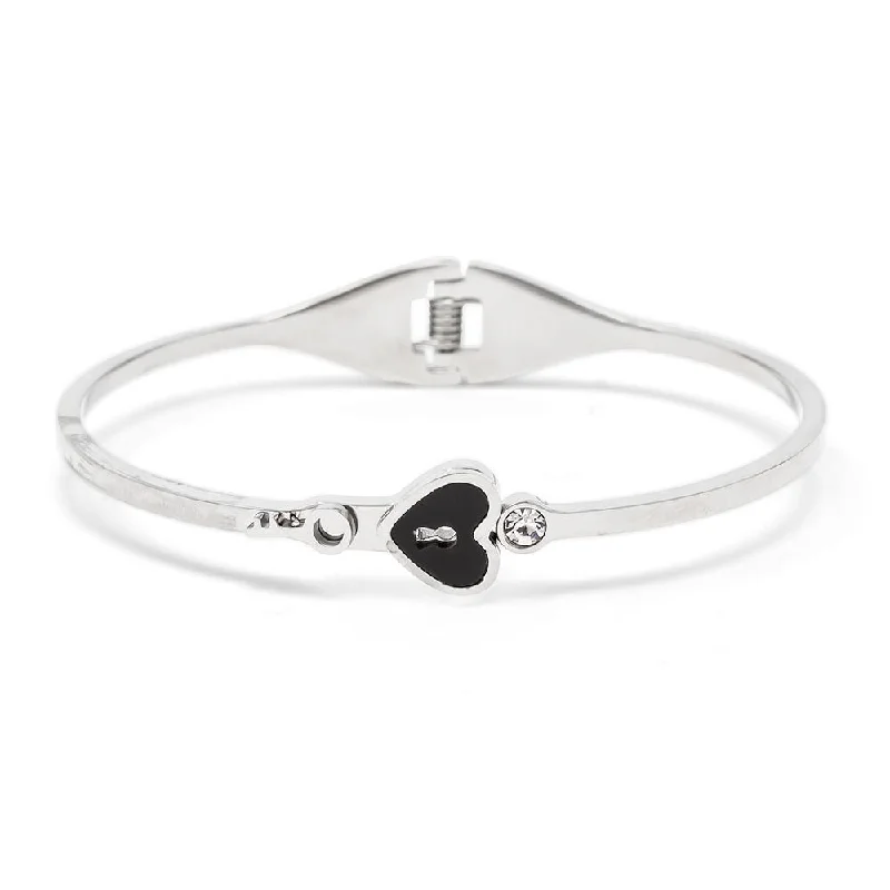 Women’s sparkling bangle-Stainless Steel Bangle Heart Key Onyx Crystal