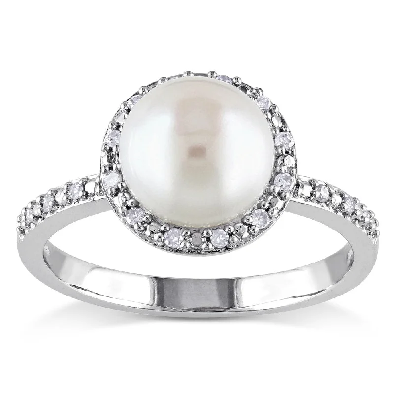 Women’s stacked gemstone rings-Miadora Silver White Pearl and 1/10ct TDW Diamond Halo Ring (8 - 8.5 mm) (H-I, I2-I3)