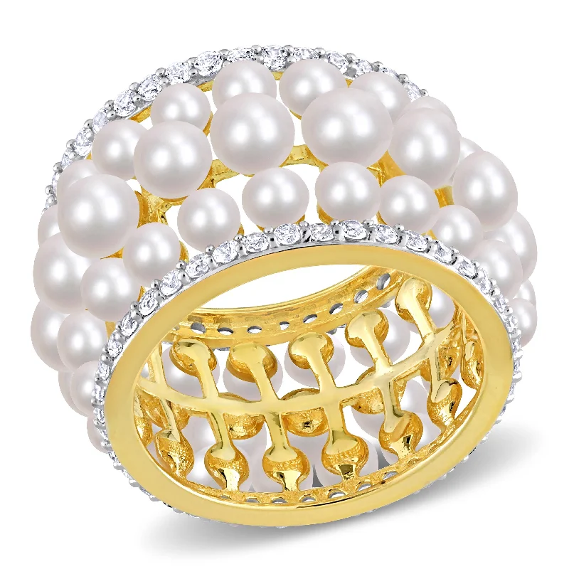 Women’s chunky ring-Miadora Cultured Freshwater Pearl and 1 3/5ct TGW Created White Sapphire Triple Row Ring in Yellow Silver