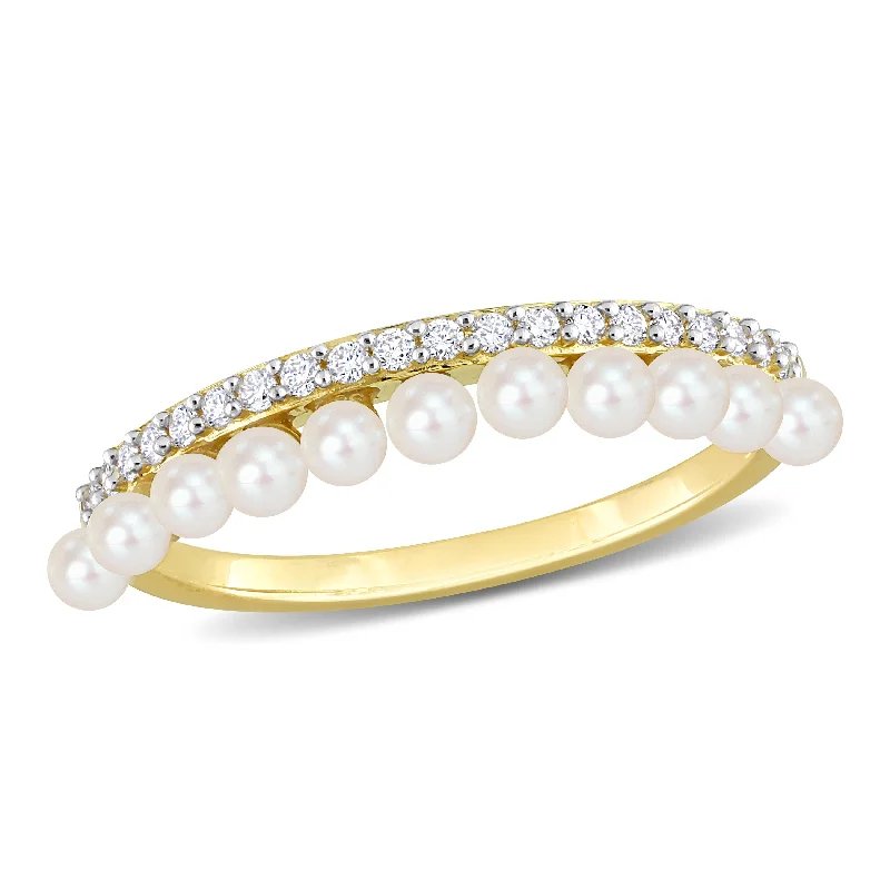 Women’s minimalist ring-Miadora 2-2.5mm Cultured Freshwater Pearl and 1/6ct TDW Diamond Single Row Ring in 14k Yellow Gold