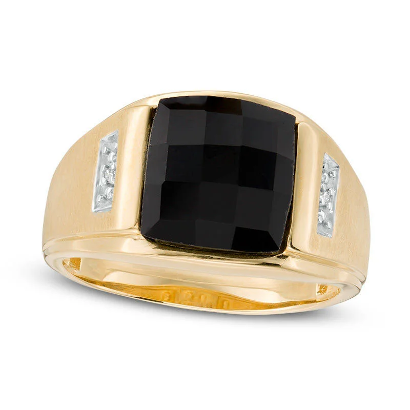 Women’s rose gold engagement rings-Men's Rectangle Faceted Onyx and Natural Diamond Accent Multi-Finish Ring in Solid 10K Yellow Gold