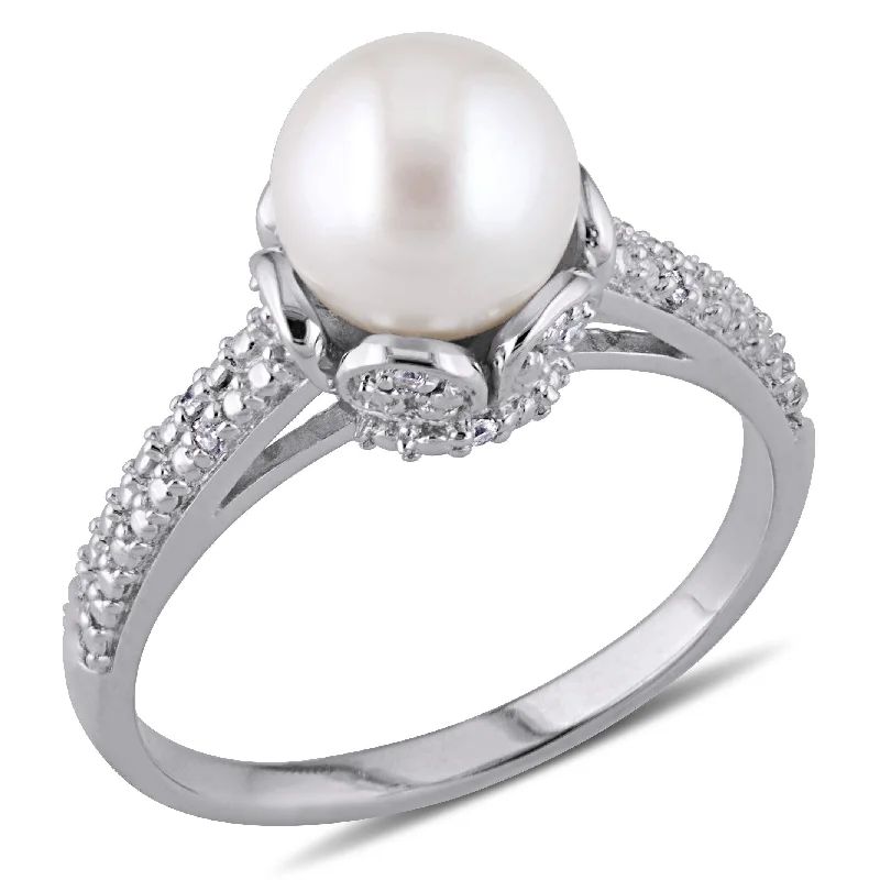 Women’s trendy ring-Miadora 8-8.5mm White Cultured Freshwater Pearl & Diamond Accent Ring in Sterling Silver