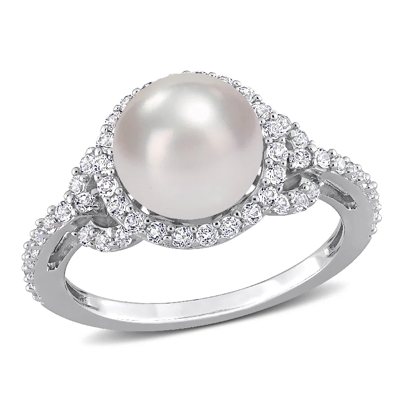 Women’s infinity band ring-Miadora 8.5-9mm Cultured Freshwater Pearl and 3/4ct TGW White Topaz Halo Ring in Sterling Silver