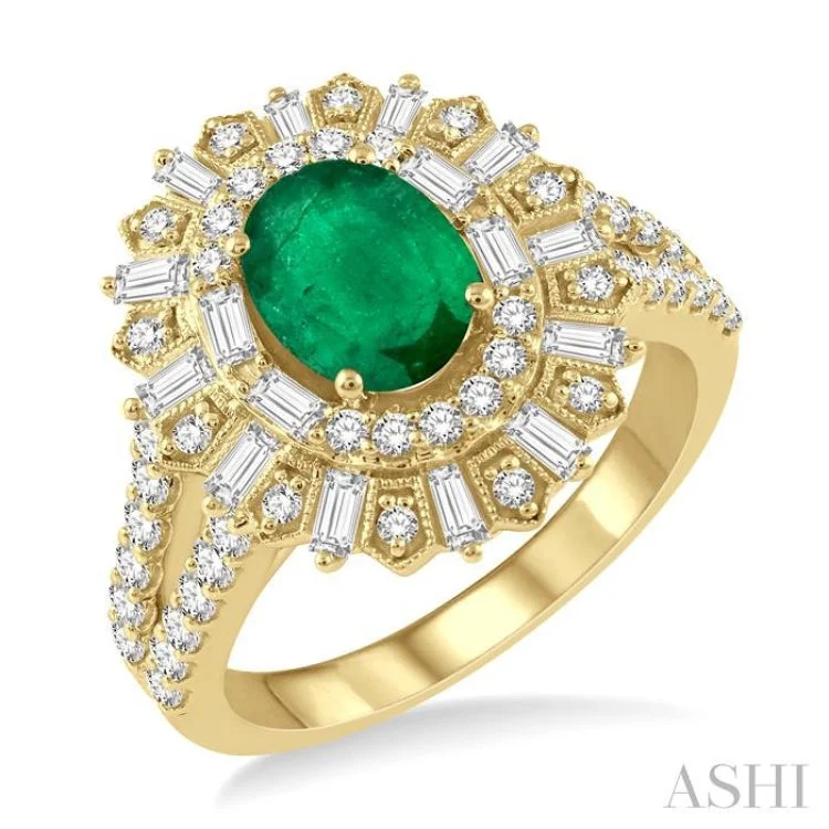 Women’s large stone engagement rings-1 ctw Lattice Oval Shape 8x6MM Emerald, Baguette and Round Cut Diamond Precious Ring in 14K Yellow Gold