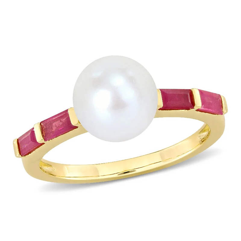 Women’s modern ring-Miadora 8-8.5mm Cultured Freshwater Pearl 3/4ct TGW Baguette Ruby Ring 10k Yellow Gold