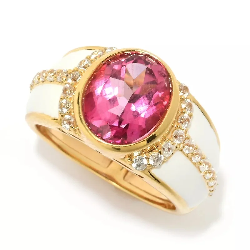 Women’s simple diamond ring-925 Sterling Silver Over Gold Plated Pink Topaz, White Topaz With White Enamel Band Ring