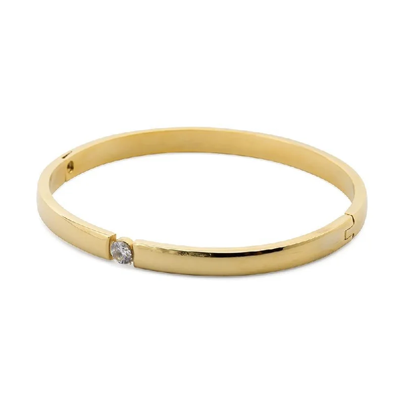 Women’s silver bracelet-Stainless Steel Bangle Small Station Clear Crystal Gold Plated