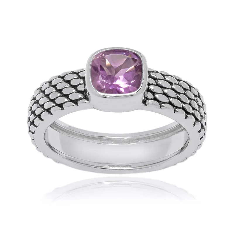 Women’s antique ring-Victoria Townsend .925 Sterling Silver Mesh Ring w/Bezel Set Cushion Cut Amethyst Stone