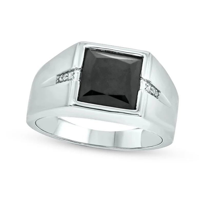 Women’s modern engagement rings with diamonds-Men's 9.0mm Square Onyx and Natural Diamond Accent Split Shank Ring in Sterling Silver