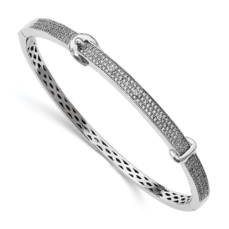 Women’s silver bangles-Sterling Silver CZ Brilliant Embers Buckle Hinged Bangle-WBC-QMP1383