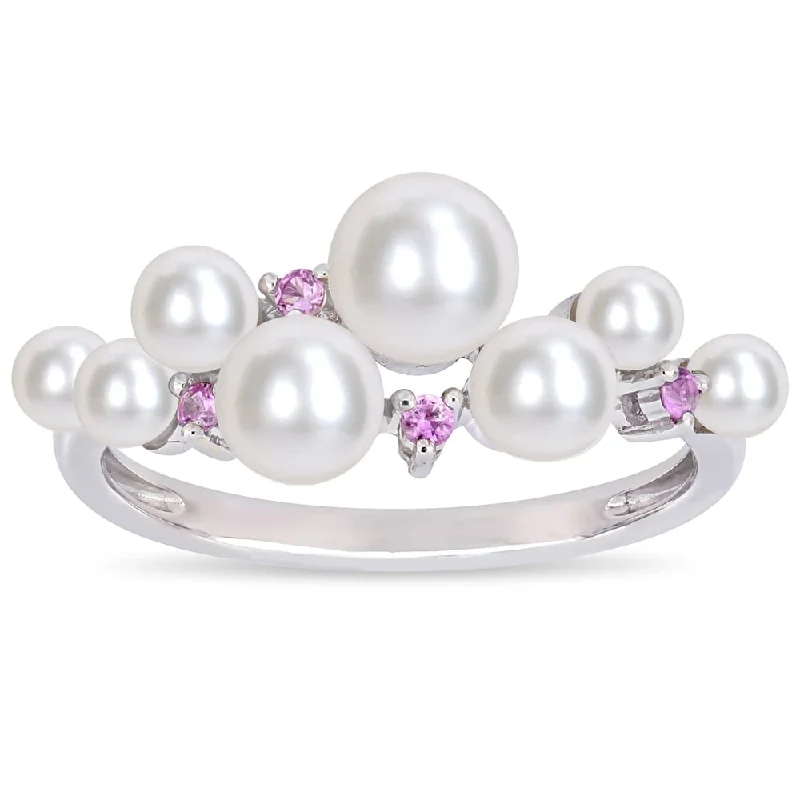 Women’s platinum wedding ring-Miadora 10k White Gold Cultured Freshwater Pearl Pink Sapphire Ring (3-5.5mm)