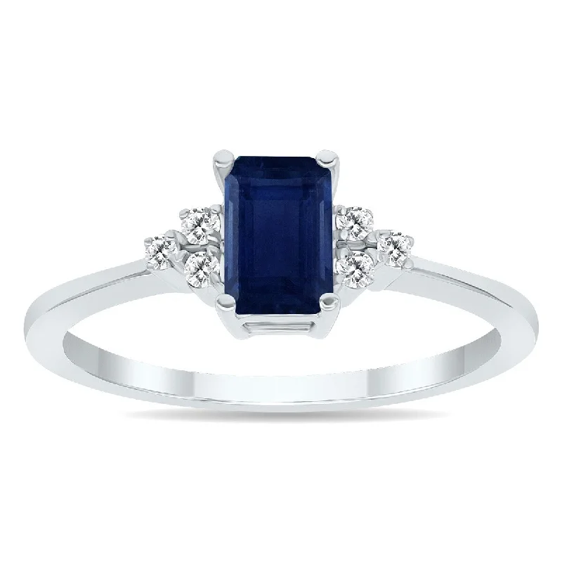 Women’s statement gemstone ring-Sapphire and Diamond Regal Ring in 10k White Gold