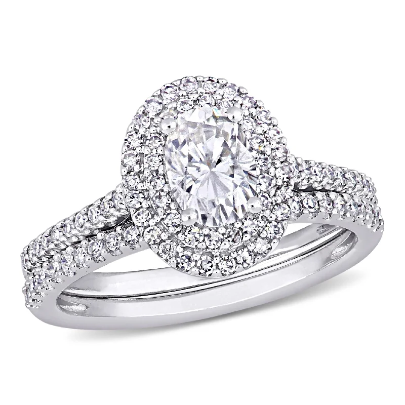 Women’s gemstone ring-Miadora 1ct DEW Oval-Cut Moissanite and 2/5ct TDW Diamond Bridal Ring Set in 14k White Gold