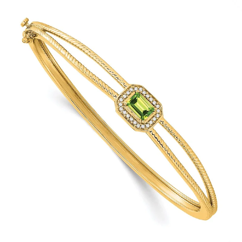 Women’s chunky bangles-14k Emerald-shape Peridot and Diamond Halo Bangle-WBC-BM7091-PE-011-YA