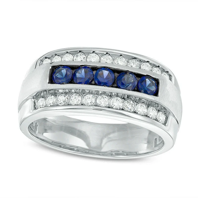 Women’s engagement rings for women-Previously Owned - Men's Blue Sapphire and 0.25 CT. T.W. Natural Diamond Multi-Row Ring in Solid 10K White Gold