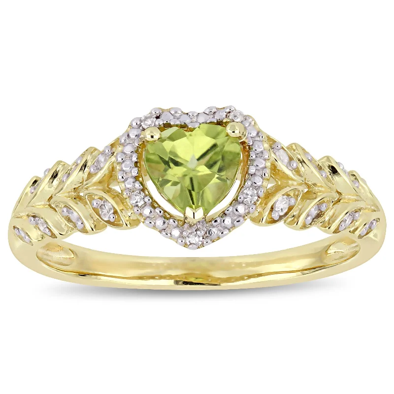 Women’s ruby and diamond ring-Miadora 10k Yellow Gold Peridot and Diamond Heart Halo Ring