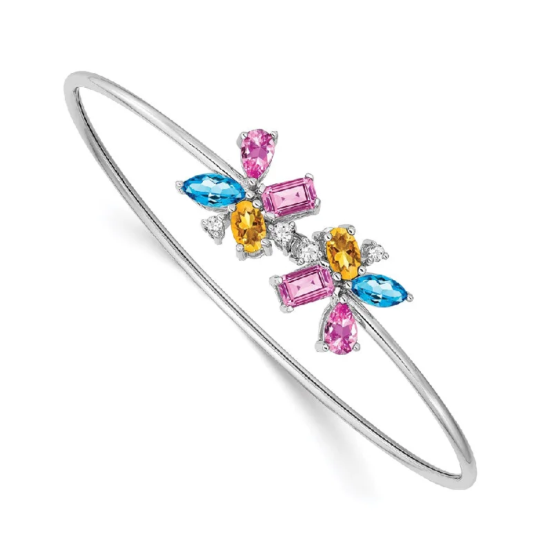 Women’s gem-studded bracelet-14k White Gold Blue Topaz/Citrine/Cr.Pk. Sapphire/Diamond Bangle-WBC-BM7129-BT/CI-011-WA