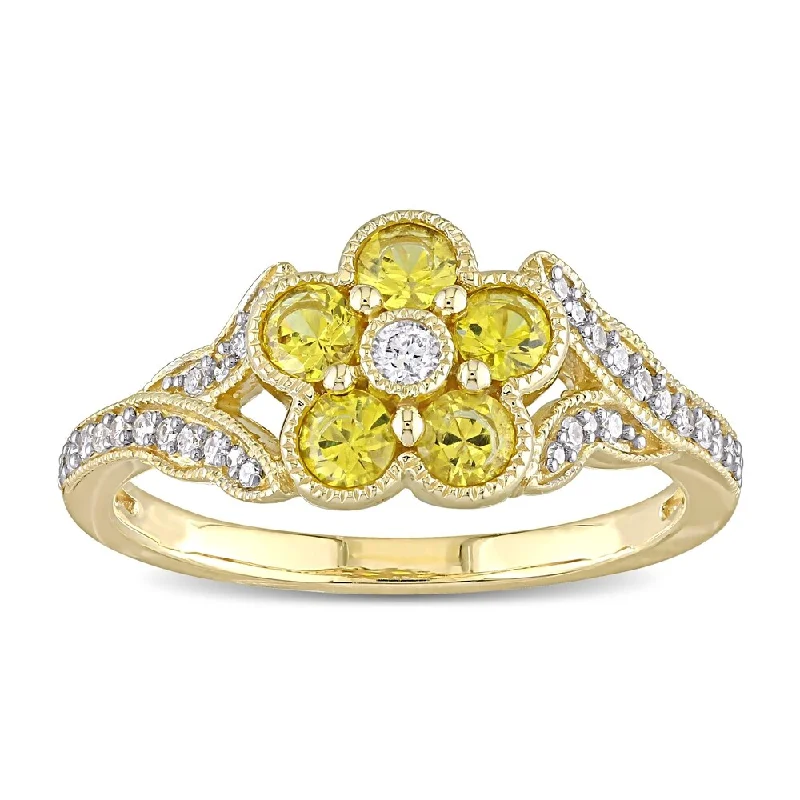 Women’s wide band ring-Miadora 10k Yellow Gold Yellow Sapphire and 1/6ct TDW Diamond Split Shank Flower Ring