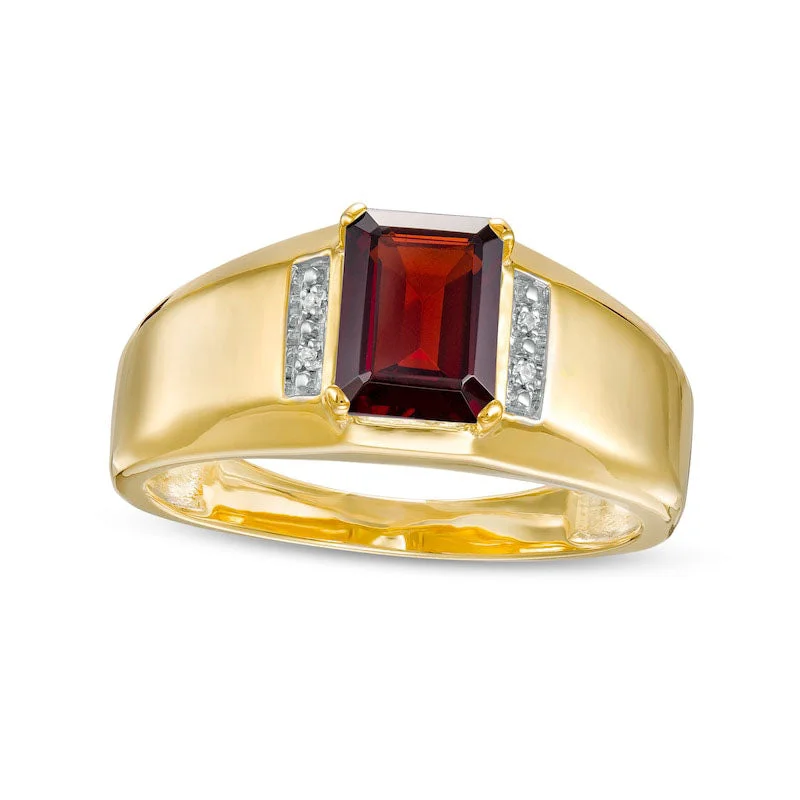 Women’s diamond engagement rings with platinum bands-Men's Emerald-Cut Garnet and Natural Diamond Accent Collar Ring in Solid 10K Yellow Gold