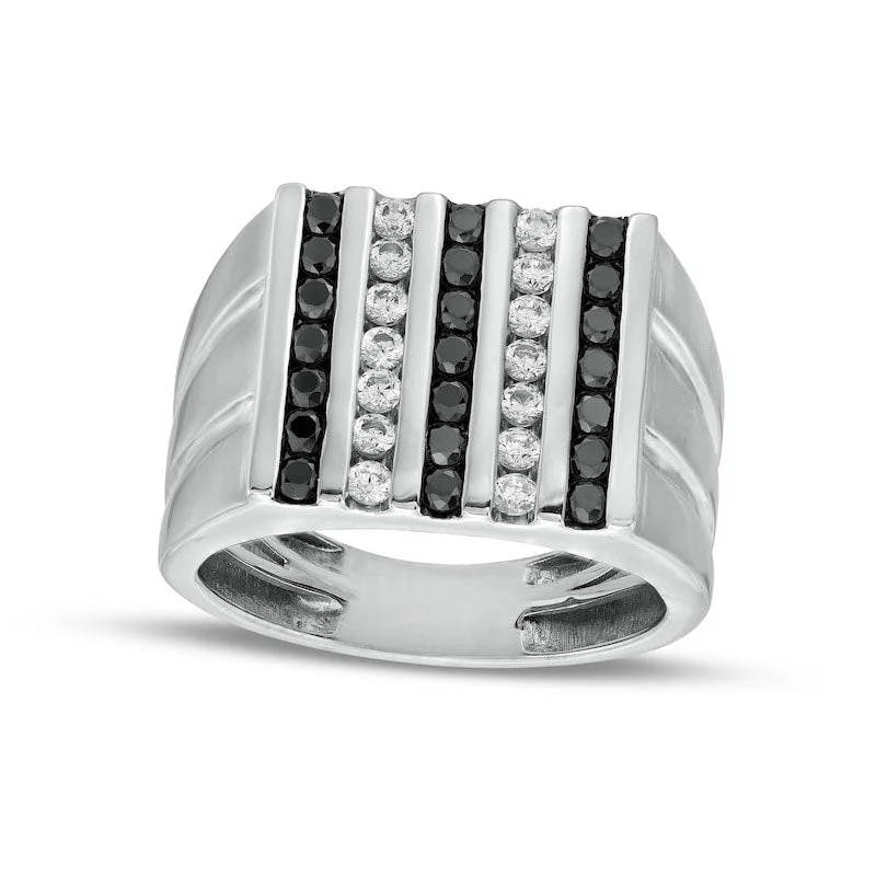 Women’s yellow gold engagement rings-Men's 1.0 CT. T.W. Black Enhanced and White Natural Diamond Vertical Multi-Row Double Groove Shank Ring in Solid 10K White Gold