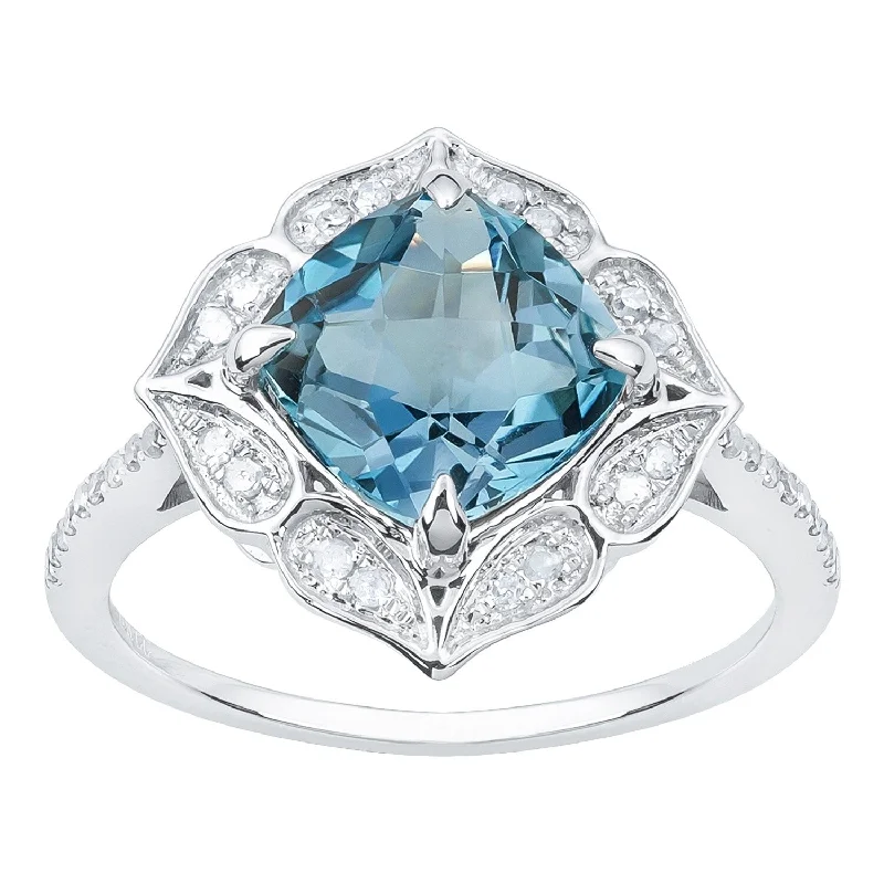 Women’s romantic ring-Viducci 10k White Gold Vintage Style Blue Topaz and Diamond Ring