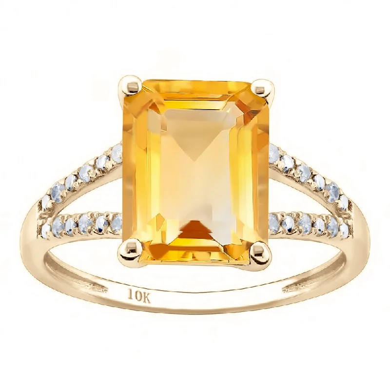 Women’s eternity ring-Viducci 10k Yellow Gold Genuine Emerald-Shape Citrine and Split-Shank Diamond Ring