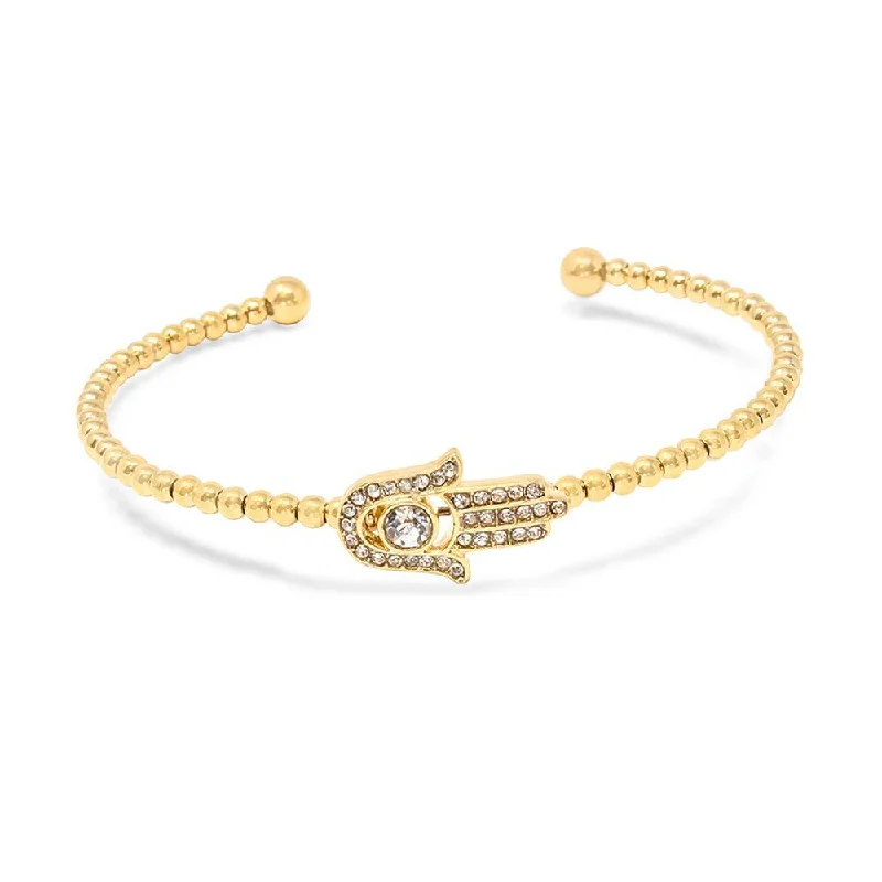 Women’s adjustable bangle-Stainless Steel Pave Hamsa Hand Beaded Bangle Gold Plated