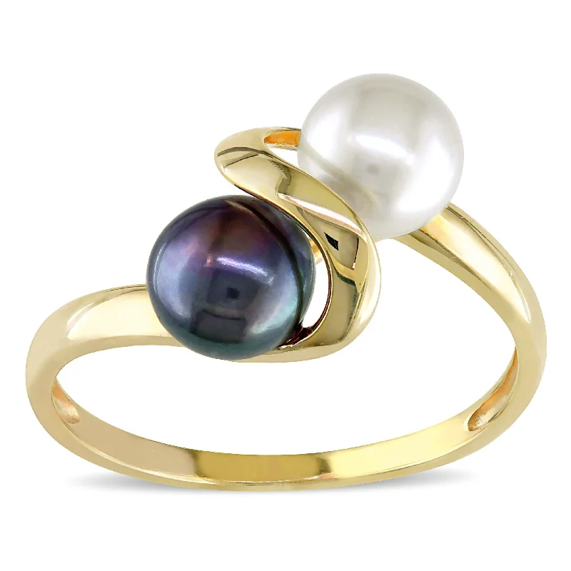 Women’s sterling silver ring-Miadora 10k Yellow Gold Black and White Cultured Freshwater Pearl Bypass Ring (5.5 - 6mm)