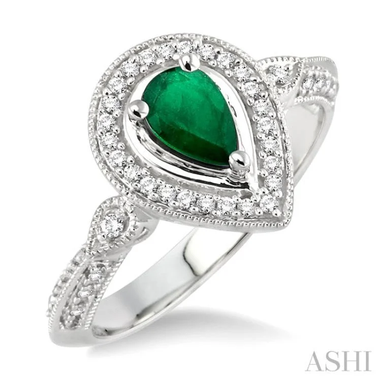 Women’s band engagement rings-6x4mm Pear Shape Emerald and 1/6 Ctw Round Cut Diamond Ring in 14K White Gold