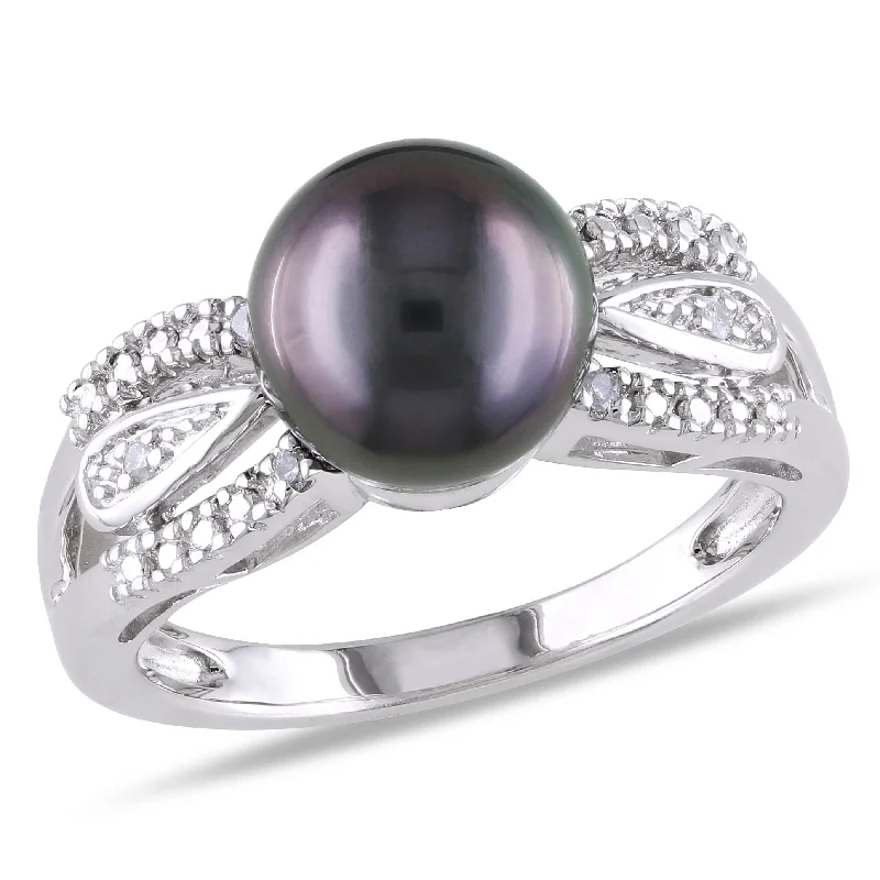 Women’s stackable rings-Miadora 9-9.5mm Black Tahitian Pearl and Diamond Split Shank Ring in Sterling Silver