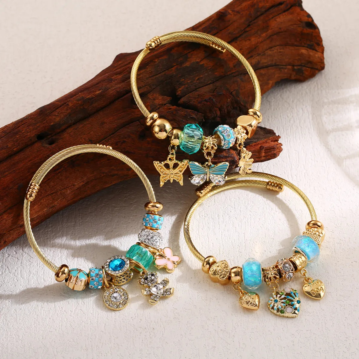 Women’s gold bangles-Elegant Cute Bear Heart Shape Butterfly Stainless Steel Alloy Beaded Inlay Rhinestones Bangle