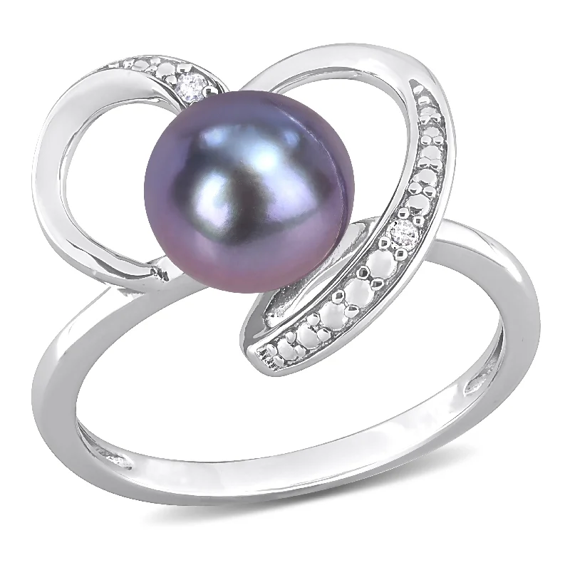 Women’s floral ring-Miadora 8-8.5mm Black Cultured Freshwater Pearl and Diamond Accent Heart Ring in Sterling Silver