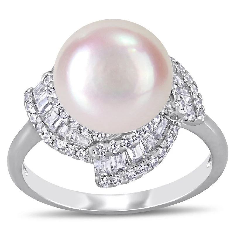 Women’s engraved ring-Miadora Sterling Silver Cultured FW Pearl and CZ Swirl Halo Ring (10-11 mm)