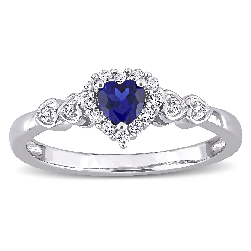 Women’s stylish statement ring-Miadora Sterling Silver Created Blue and White Sapphire Diamond Accent Heart Halo Ring