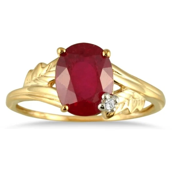 Women’s wedding engagement ring-2.50 Carat Oval Ruby and Diamond leaf Ring in 10K Yellow Gold