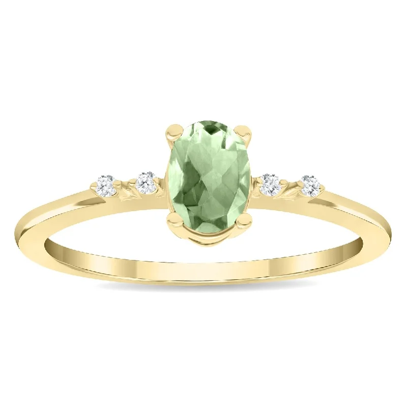 Women’s silver ring-Women's Oval Shaped Green Amethyst and Diamond Sparkle Ring in 10K Yellow Gold