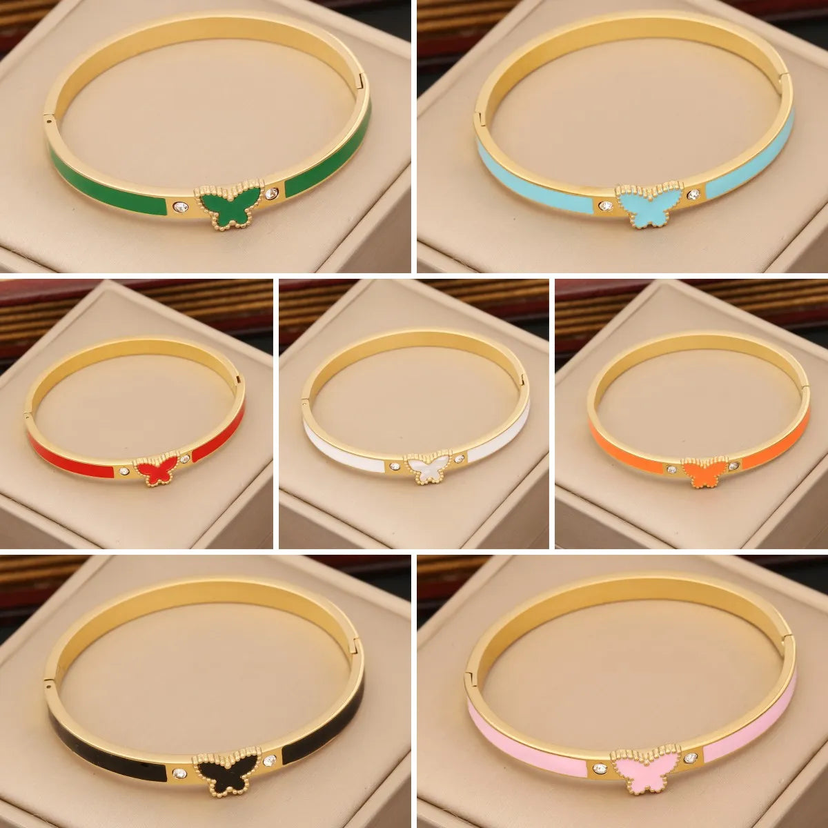 Women’s trendy leather bracelet-1 Piece Fashion Butterfly Stainless Steel Enamel Inlay Zircon Bangle