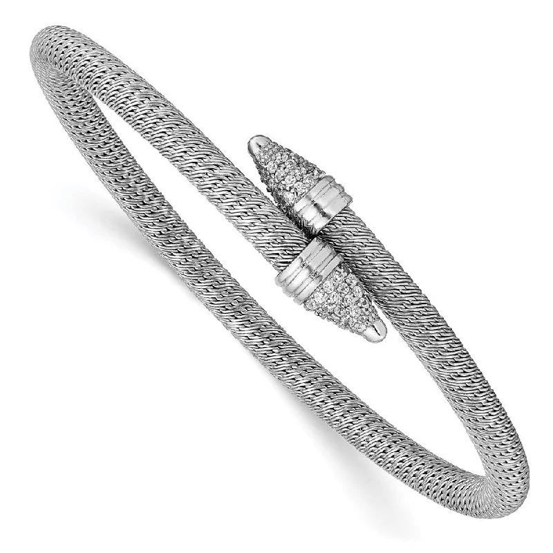 Women’s exclusive bracelet-Sterling Silver Polished Rhodium-plated Fancy CZ Bangle-WBC-QB975