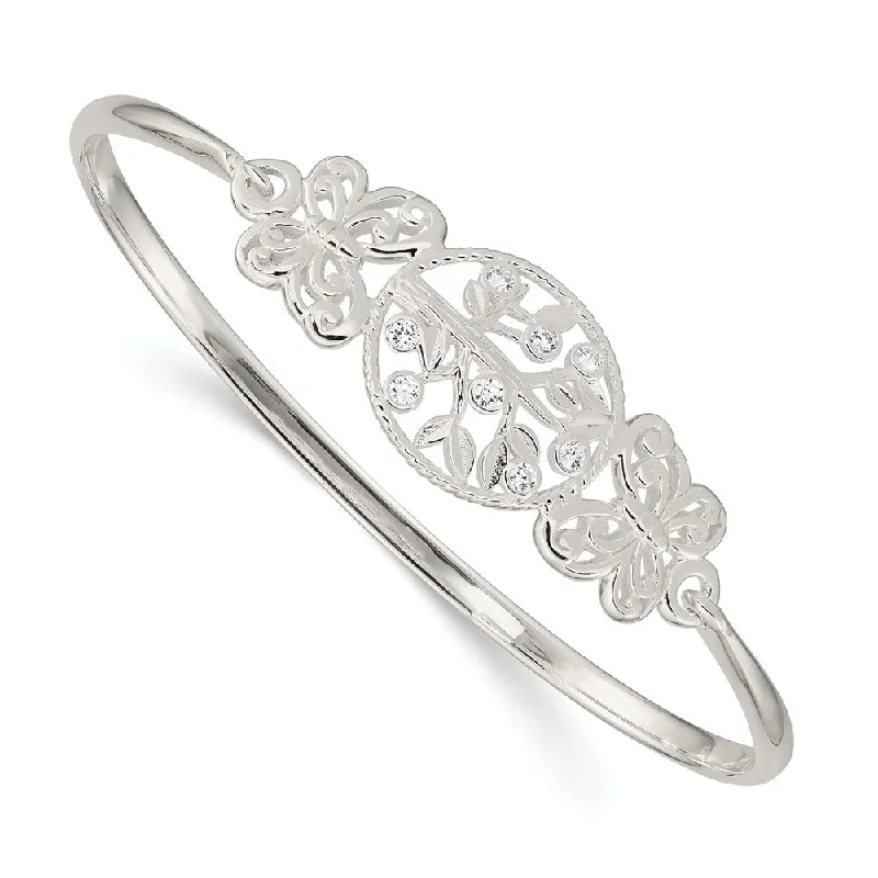 Women’s adjustable bangle-Sterling Silver Butterfly and CZ Tree Slip-On Bangle-WBC-QB1298